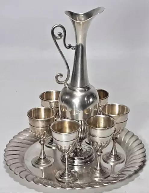 Unique Vintage Jug Metal Long Silver Plated 6 Small Glasses/Tray Garnished Old 2