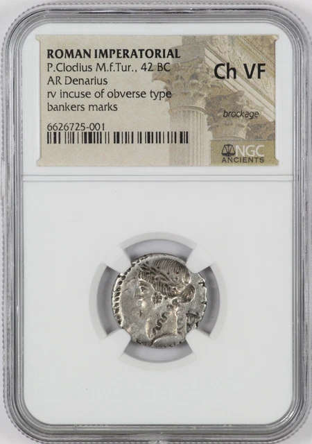NGC Ch VF 42 BC Roman Impertatorial P. Clodius AR Denarius BROCKAGE