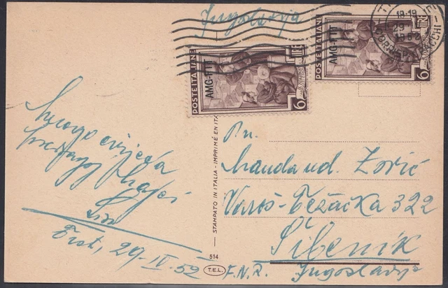 Italy Trieste Zone A Croatia Dalmatia Amg-Ftt 29.4.1952. Postcard To Sebenico