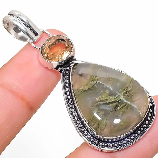 Indian Moss Agate, Morganite Gemstone 925 Sterling Silver Jewelry Pendant 2.25"