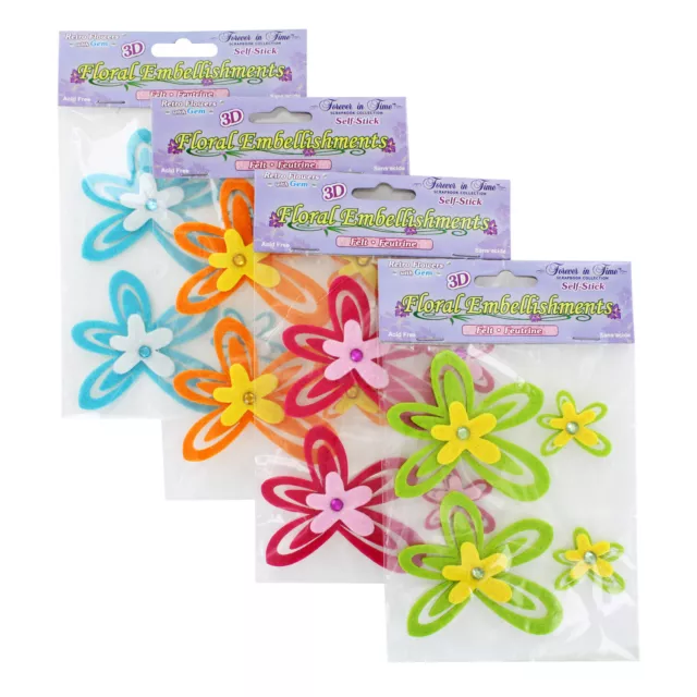 Forever In Time Self-Stick 3D Retro Floral Embellishments, Assorted, 16-Count