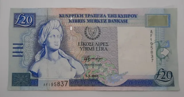 2004 - Central Bank Of Cyprus - £20 (Twenty) Lira /Pounds Banknote No. AF 195837