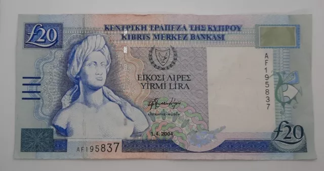 2004 - Central Bank Of Cyprus - £20 (Twenty) Lira /Pounds Banknote No. AF 195837