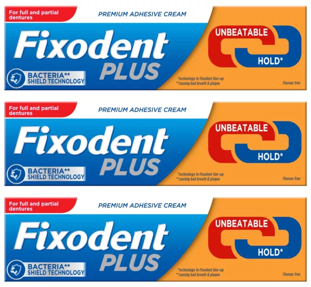 3 x Fixodent Plus Denture Adhesive Cream 10X Stronger with Unbeatable Hold, 40G