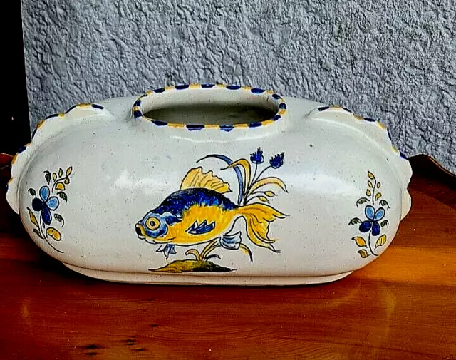Vintage Hand Painted Faience Bottle or Warmer with Fish