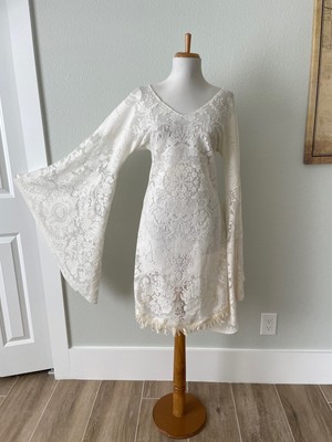 Boho White Vintage Lace Long Bell Sleeve Wedding Elopement Dress with Fringe