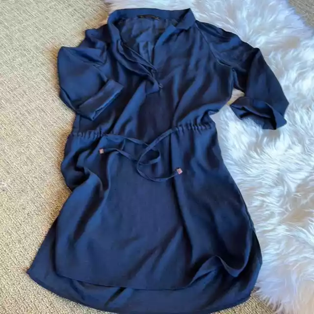 Zara Shirt Dress silk and linen blend long sleeve tunic navy blue sz small 2