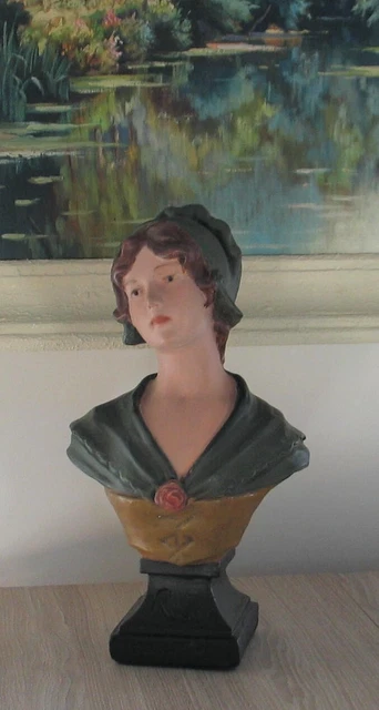 Buste femme déco ancien / vintage en plâtre polychrome