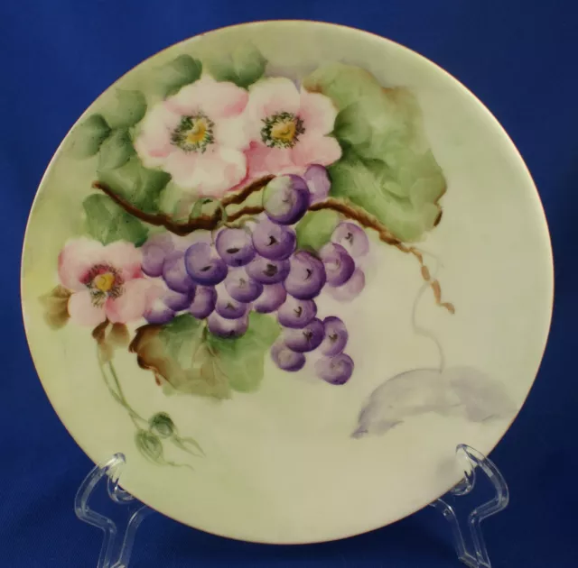 Vintage Silesia Hand Painted Plate Pink Flowers Purple Grapes