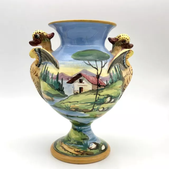 Italian Bird Relief Pedestal Vase Old Majolica Hand Painted Landscape Urn Italy 3