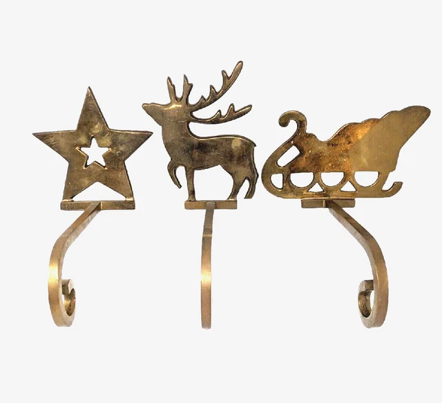 VTG Christmas Stocking Holder Heavy Solid Brass Long Arm CHOOSE Star Deer Sled