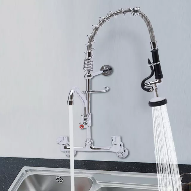 Commercial Pre-rinse Faucet Wall Mount Kitchen Sink Faucet w/ Pull Down Sprayer