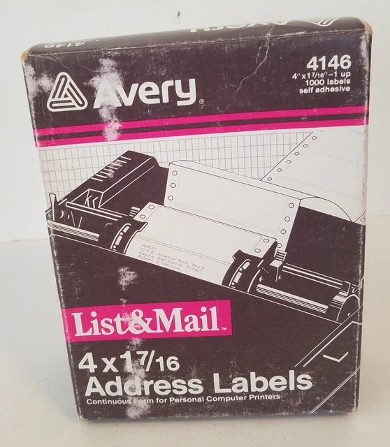 Box of Avery 4146 White Address Labels Continuous Form 4 x 1-7/16 Dot Matrix