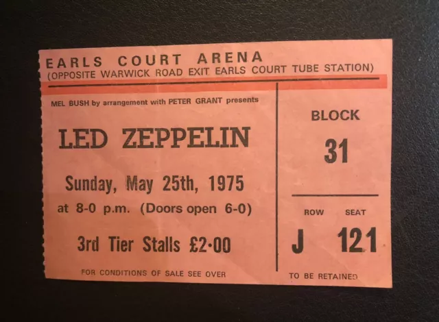 Led Zeppelin Concert Ticket Earls Court Arena - Stalls - May 1975