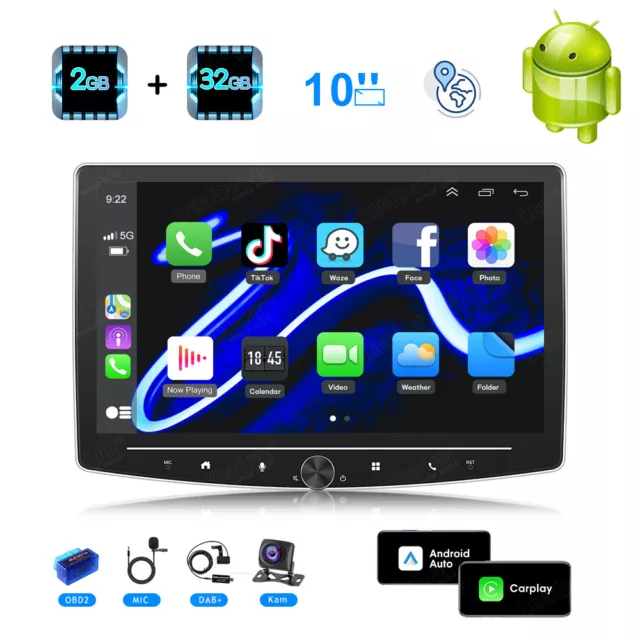 10" Android Single DIN Autoradio DAB OBD2 drehbarer Bildschirm GPS WiFi BT + Kam