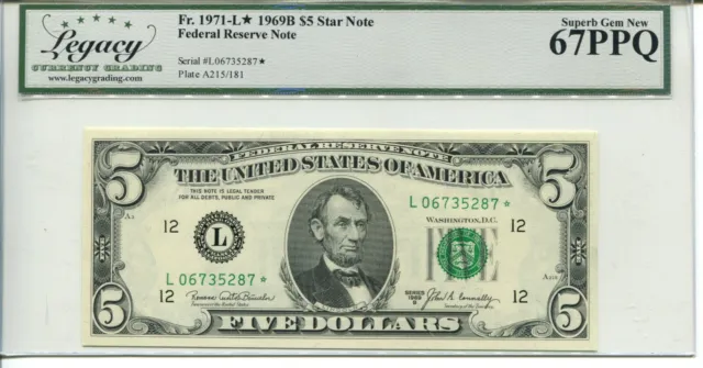 Fr 1971-L* Star 1969B $5 Federal Reserve Note 67 Epq Superb Gem New