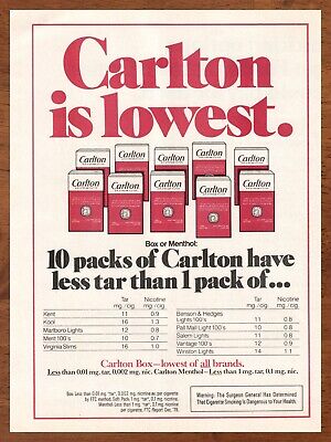 1980 Carlton Cigarettes Vintage Print Ad/Poster Retro Man Cave Bar Art Décor 80s