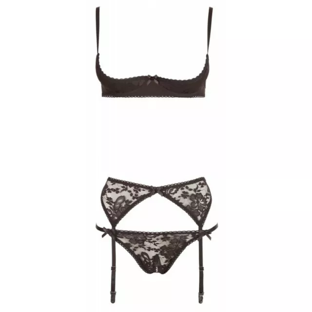 Completo intimo reggiseno reggicalze perizoma sexy erotico in pizzo nero donna 3