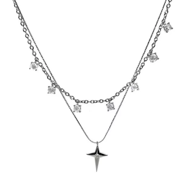 Fashion Women Crystal Zircon Cross Pendant Necklace Double Layer Clavicle Chain