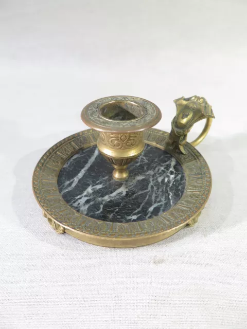 ANCIEN PETIT BOUGEOIR A MAIN LAITON DORE MARBRE VERT DE MER EPOQUE XIX ème