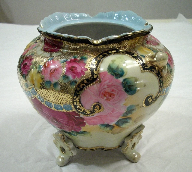 Antique Porcelain Gold Gilded Floral Motif Footed Urn / Vase Hand Painted