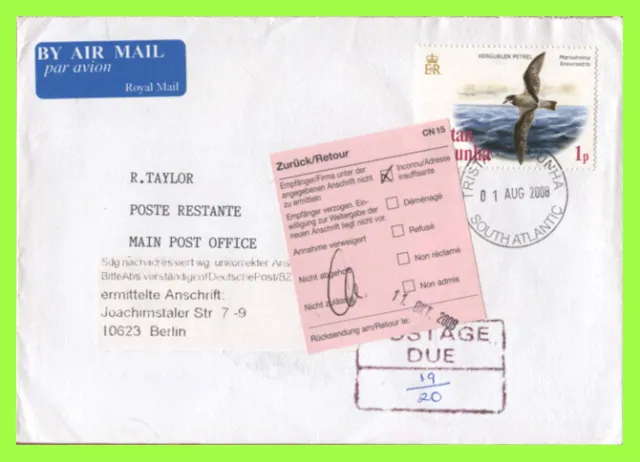 Tristan Da Cunha 2008 1p Petrel on airmail cover to Germany with Postage Due