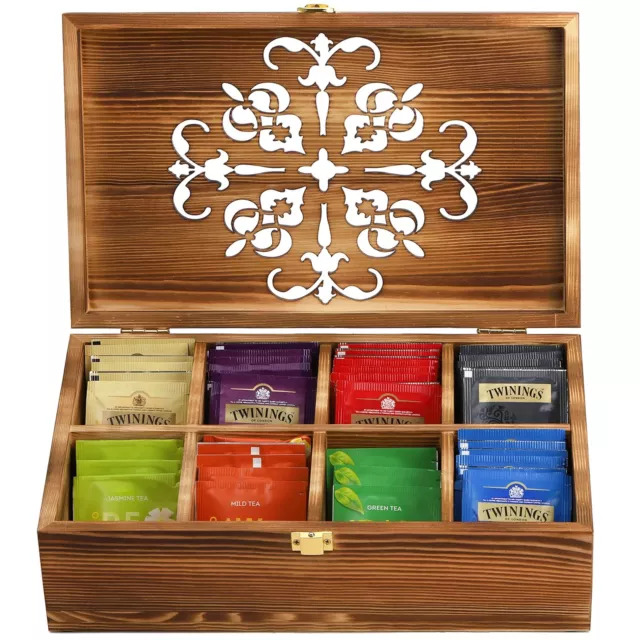 Wooden Tea Bag Storage Box with Carved Lid, 8-Compartment Tea Chest Organizer...