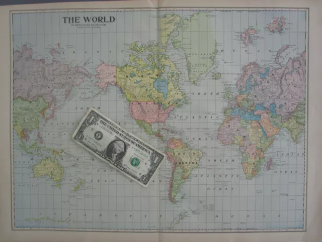 1899 DATED The WORLD Map on Mercators Projection. Large map, soft pastel colors