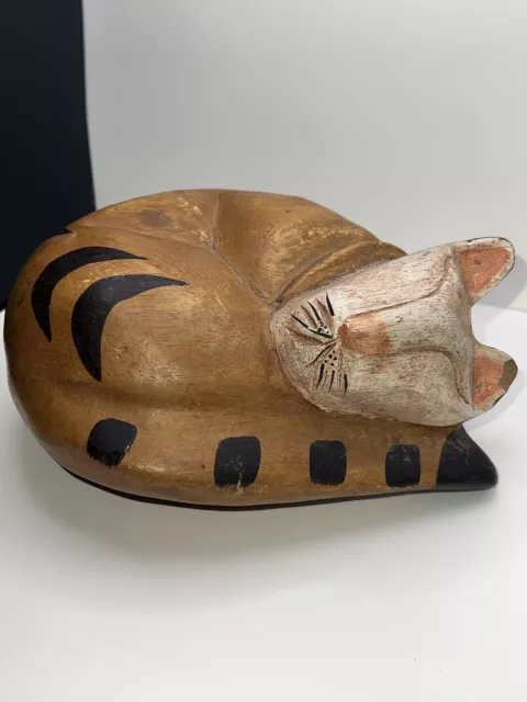 Vintage Mandalay Folk Art Naturally Carved Wooden Sleeping Siamese Cat