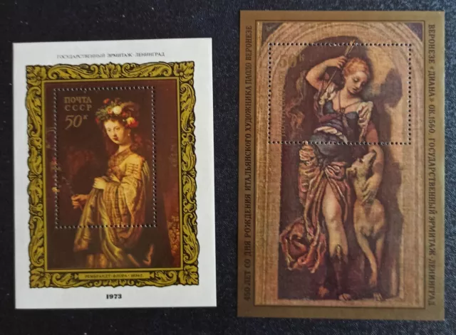 2 sellos postales bloque de la URSS 1973 Rembrandt. Veronese 1978