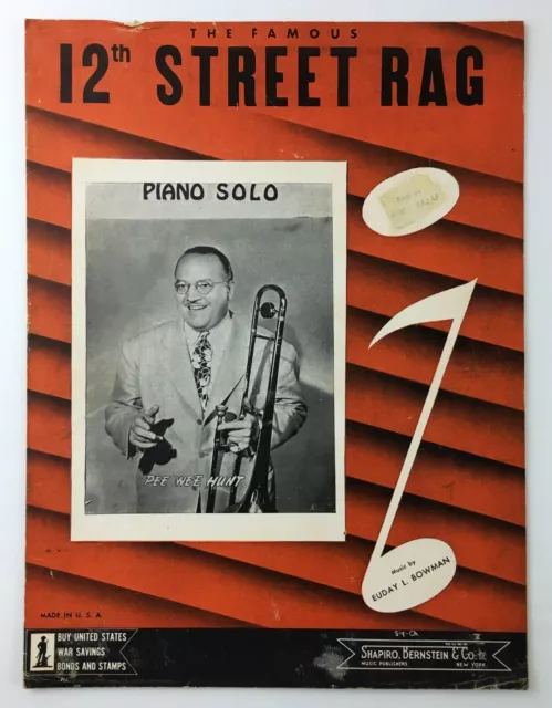 12th Street Rag Pee Wee Hunt Sheet Music Piano Solo 1941 Jazz Bowman Vintage