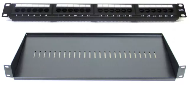 Cat6 24 Port Patchpanel + 200 mm Rackhalterung Regal 1U 19"" Netzwerk Kommunikationsschrank