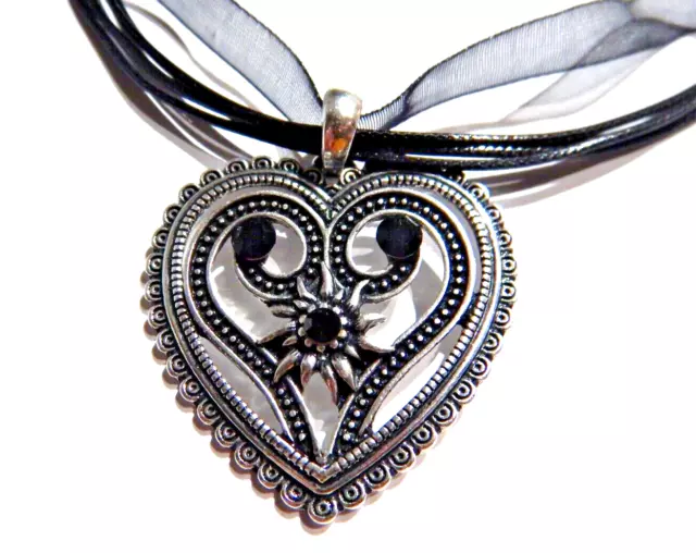 BLACK RIBBON SILVER-TONE HEART CHOKER gothic grunge emo dark cord necklace K5