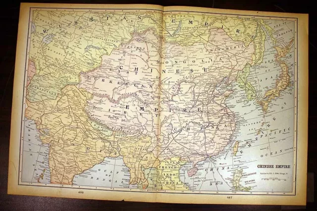 Chinese Empire Antique Color Map 1901 Cram's 14½" x 22" China