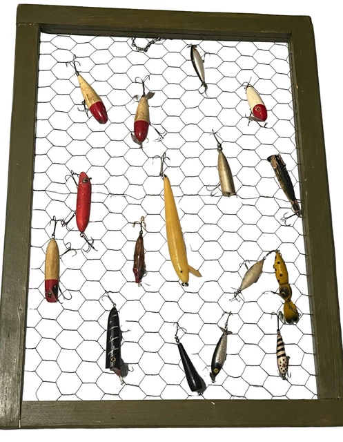 Vintage Fishing Lures  Lot of 19 Chicken Wire Display Frame included