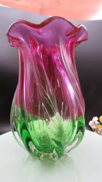 Teleflora 7.5” Heavy Glass Vase Cranberry Pink Green Swirl  Ruffled Edge Vintage 2