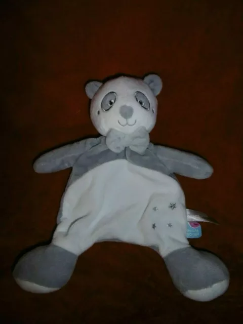 Doudou Plat Sucre d'Orge Ours Panda Blanc Gris Brodé Etoile 2 Disponibles