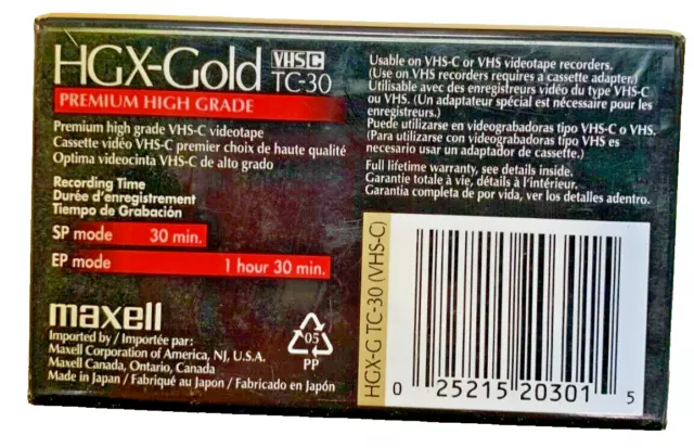 Maxwell VHS-C TC-30 Premium High Grade HGX-Gold Camcorder Videocassette NEW 3