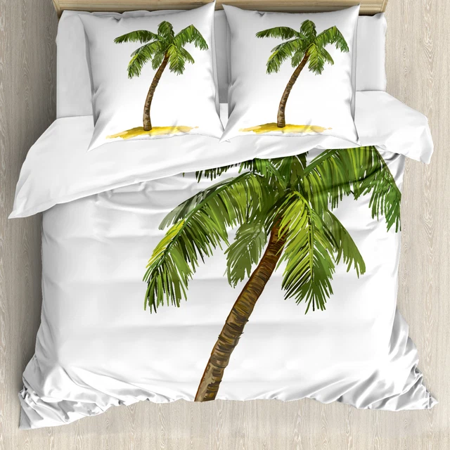 Housse De Couette 240x260cm YASMENG - Motif Feuilles Tropicales Or/Blanc, Microfibre Douce, 3 Pièces Avec Taies D'Oreiller