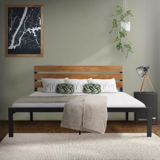 Marco metálico negro con cabecero de madera cama doble para dormitorio 160x200cm