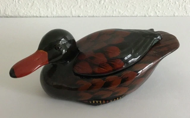Vtg Ceramic Trinket Box Glass Eyed Hand Painted Red Brown Duck 2