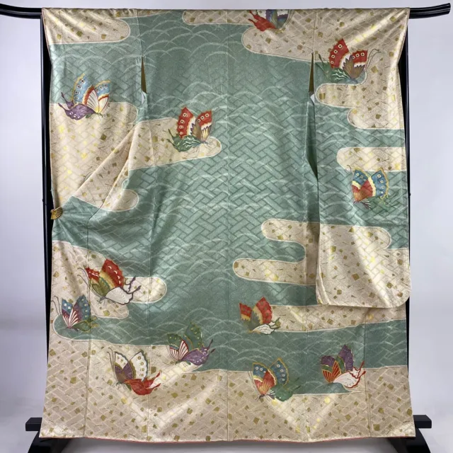 Japanese Kimono Silk Furisode Long Sleeves Gold Leaf Butterfly Haze Green 64"