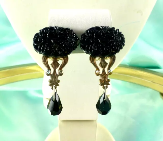 Vintage Victorian Deco Style Clip On Earrings Carved Jet Black Glass Brass Tone