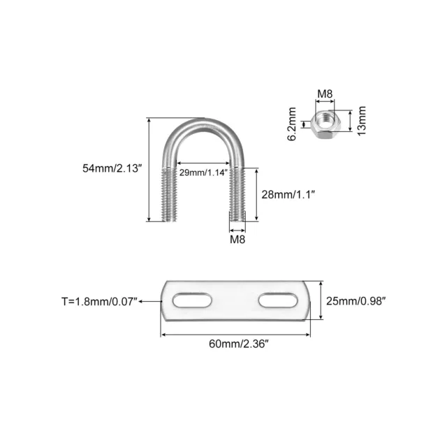 Round U-Bolts, 3 Sets 29mm Inner Width 54mm Length M8 with Nuts and Plates 2