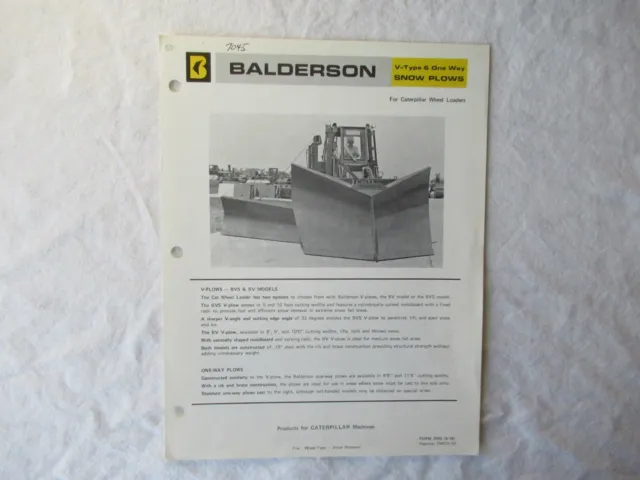 Balderson V-Type Snow Plows Specification Sheet Brochure Original for CAT Grader