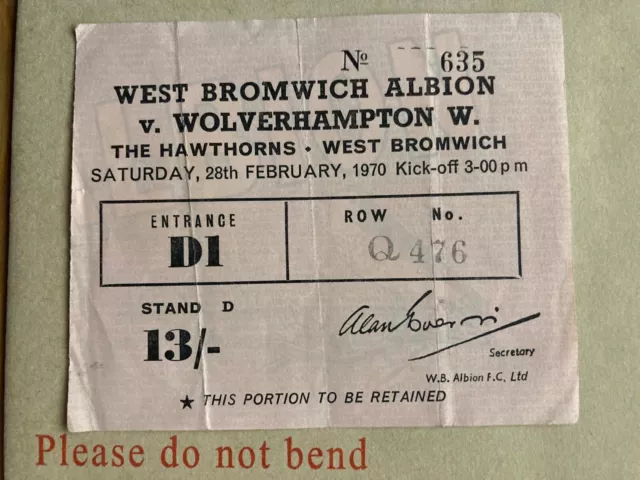 West Bromwich Albion v Wolves 1970 Ticket