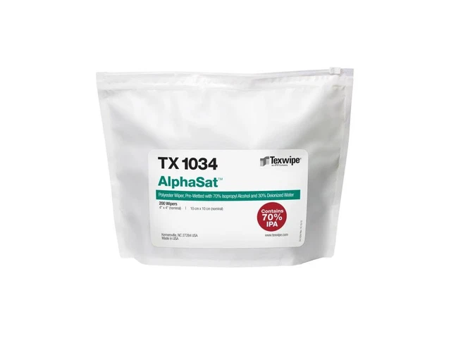 Texwipe TX1034 - AlphaSat Pre-Wetted Cleanroom Wipers, Non-Sterile, 4' x 4', 200