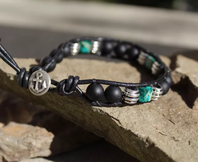 Men's Black Onyx and Jasper Beaded Black Leather Bracelet with Anchor clasp