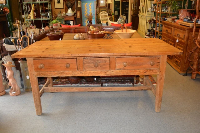 Vintage PRIMITIVE Rustic PINE Farmhouse Dining Kitchen Table w/ 3 Drawers VA