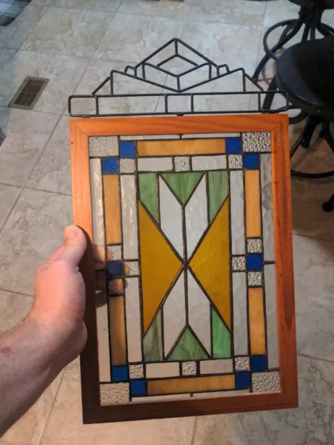 vintage stained glass panel, handmade, framed geometric design 14"x10.25" leaded